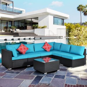 Clearance!Wicker Patio Sets, 7 Piece Patio Furniture Sofa Sets, 6 Rattan Wicker Chairs and Glass Table, All-Weather Patio Conversation Set with Cushions for Backyard, Porch, Garden, Poolside, L4481