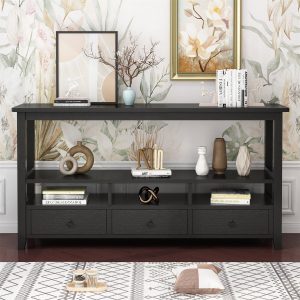 57.9" 3-Tier Vintage Console Table with 3 Drawers, Buffet Sideboard Hallway Foyer Table with Storage Shelves, Narrow Long Sofa Entryway Table for Living Room, Kitchen Counter, Black