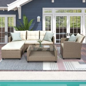 SEGMART Patio Rattan Sectional Couch Set, 4 PCS Outdoor Wicker Furniture Set, Elegant Cushioned Sofa Set, Conversation Chair Set with Coffee Table & Cushions for Backyard Balcony Lawn Pool, B890