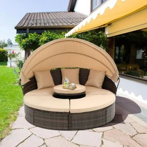 4 Piece PE Rattan Patio Daybed, Outdoor Daybed Patio Bed Furniture, Patio Sofa Set with Retractable Canopy, Cushions and Lifting Table, Patio Bed Furniture for Patio, Poolside, Garden, Yard, K4029
