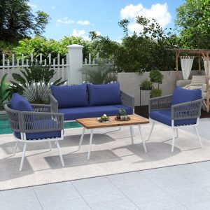 SEGMART 4 Piece Patio Conversation Set, Boho Rope Patio Furniture Set with Acacia Wood Table, All-Weather Outdoor Woven Rope Sofa Set with Thick Cushion for Porch Backyard Balcony