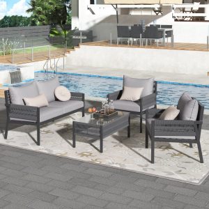 SEGMART 4-Piece Outdoor Patio Furniture Set, Patio Metal Conversation Set with Tempered Glass Table, All-Weather Woven Rope Deep Seating Sofa Set with Thick Cushion for Porch Backyard Balcony