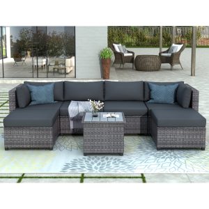 SEGMART Patio Furniture Sets, 7-Piece Wicker Patio Conversation Furniture Set with 6 Seats, Coffee Table, Outdoor Sectional Sofa for Backyard Porch Lawn Pool, Gray