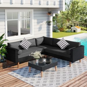 SEGMART 4 Pieces Outdoor Patio Furniture Set, All-Weather Sectional Wicker Sofa with Colorful Pillows & Table, Patio Conversation Set for Garden, Poolside, Porch