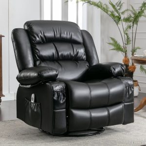 Massage Swivel Rocker Recliner Chair with Vibration Massage and Heat, Ergonomic PU Leather Sofa Lounge Chair for Living Room with Side Pocket, 2 Cup Holders USB Charge Port, black