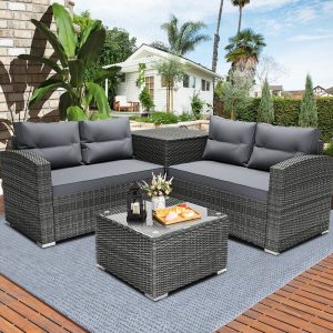 Rattan Patio Sofa Set, 4 Pieces Outdoor Sectional Furniture, All-Weather PE Rattan Wicker Patio Conversation, Cushioned Sofa Set with Glass Table & Storage Box for Patio Garden Poolside Deck