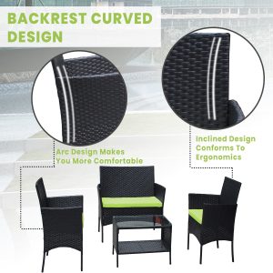 SEGMART Outdoor Patio Furniture Set, 4 Piece Modern Rattan Wicker Patio Conversation Set, Glass Table Top Cushioned Sofa Set for Yard, Pool or Backyard, Green