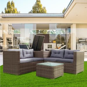 Rattan Wicker Patio Furniture, 4 Piece Outdoor Conversation Set with Storage Ottoman, All-Weather Grey Sectional Sofa Set with Cushions and Table for Backyard, Porch, Garden, Poolside, L4537
