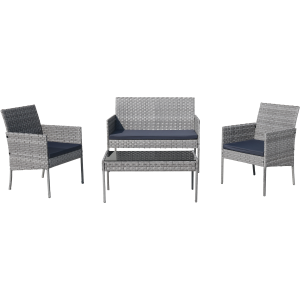 SEGMART Outdoor Patio Furniture Set, 4 Piece Modern Rattan Wicker Patio Conversation Set, Glass Top Table Cushioned Sofa Set for Yard, Pool or Backyard, Gray