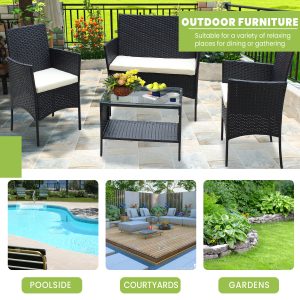 SEGMART Outdoor Patio Furniture Set, 4 Piece Modern Rattan Wicker Patio Conversation Set, Glass Table Top Cushioned Sofa Set for Yard, Pool or Backyard, Beige
