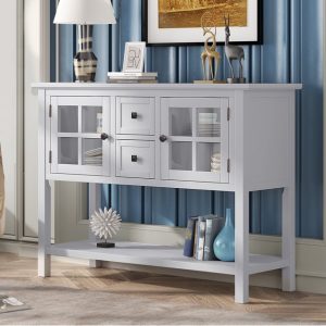 Living Room Tables, Modern Stylish Sofa Table with Storage, Wood Console Table Buffet Sideboard with 2 Drawers and 2 Cabinets, Entryway Foyer Table with Shelf, High-End Hallway Table, White, SS608