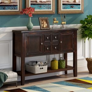 Parsons Console Table with 4 Storage Drawers, 46''x15''x34'' Wood Buffet Sideboard Desk with 2 Cabinets and Bottom Shelf, Retro Tall Console Table Entryway Table Accent Table for Entryway, S5283