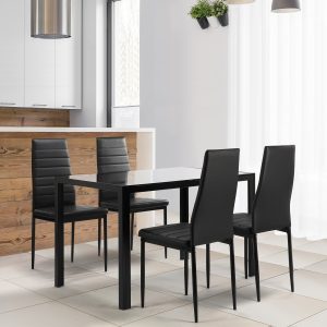 Dining Table Sets of 5, Upgrade Black Tempered Glass Sturdy Dinner Table Top with Dining Chair Sets of 4, Legs with Anti-Slip Mat, for Home, Kitchens, Dining Rooms, Cafe, Eating, Work, S12727
