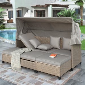 SEGMART 4-Piece Outdoor Conversation Set, Outdoor PE Rattan Patio Daybed, Sofa Set with Retractable Canopy, Cushions and Lifting Table, Patio Bed Furniture for Garden, Poolside, Deck, Backyard, K4033