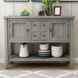 Buffet Sideboard TV Stand with 4 Drawers, 46'' x 15'' x 34'' Wood Buffet Sideboard Desk with 2 Cabinets and Bottom Shelf, Retro Tall Entryway Table w/ MDF panel for Kitchen Dining Room Cupboard, S5322
