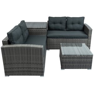 Patio Chat Set with Storage Box, 4 Piece Patio Wicker Furniture Set with Coffee Table, 2 Sofas, PE Rattan Outdoor Conversation Sectional Sofa Set with Gray Cushions for Backyard, Porch, Garden, L3579