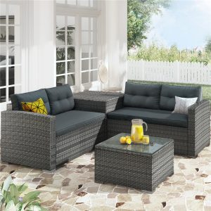 Rattan Wicker Patio Furniture, 4 Piece Outdoor Conversation Set with Storage Box, Coffee Table, 2 Sofas, PE Rattan Wicker Sectional Sofa Set with Gray Cushions for Backyard, Porch, Garden, L3577