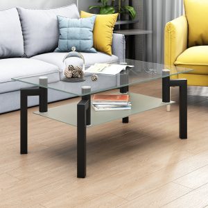 Rectangle Coffee Table for Living Room, Clear Glass Coffee Table with Lower Shelf, Modern Center Table with Metal Legs, 39"x23"x17" Center Table Sofa Table Home Furniture, Easy Assembly, LLL4068