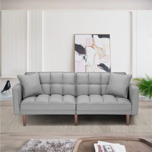 Futon Sofa Bed, SEGMART Fabric Futon Couch with Armrest, Modern Light Grey Convertible Futon Sofa Bed Recliner Couch with Wood Legs, Two Pillows, Living Room Furniture Sofa for Small Spaces, L5199