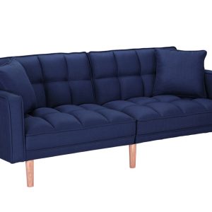 Futon Couch Bed, Fabric Futon Sofa Couch with Armrest, Modern Navy Blue Convertible Futon Sofa Bed Recliner Couch with Wood Legs, Two Pillows, Living Room Furniture Sofa for Small Spaces, L5171