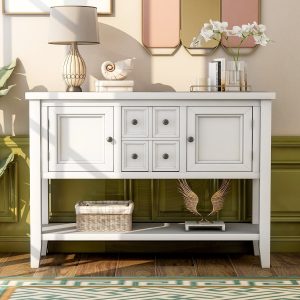 Buffet Sideboard TV Stand with 4 Drawers, 46'' x 15'' x 34'' Wood Buffet Sideboard Desk with 2 Cabinets and Bottom Shelf, Retro Tall Entryway Table w/ MDF panel for Kitchen Dining Room Cupboard, SS492