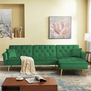 Sofa Sleeper, SEGMART L-Shaped Sectional Sofa Bed with Reversible Ottoman, 2 Pillows, Modern Fabric Bedroom Furniture Sleeper Sofa Couch with Metal Legs for Living Room, Green, L5542