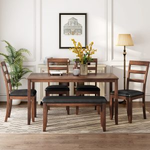 Home Kitchen Dining Set with Dinette Table, 4 Piece Chairs and Bench, Dinette Set Wood Rectangular Breakfast Table with Thick Legs & Distressed Finish, for Apartment Breakfast, Walnut, S12647