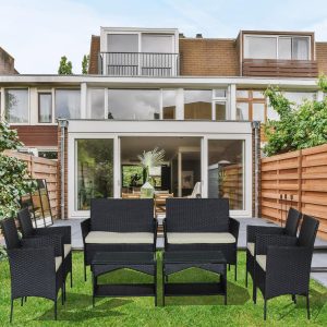 Patio Dining Set Seats, with 2 Loveseats, 2 Coffee Tables and 4 Armchairs, All-Weather Rectangle Patio Sofa Furniture Set with Cushions for Backyard, Porch, Garden, Pool, L2257