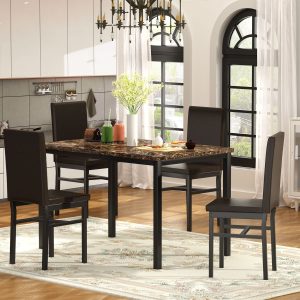 SEGMART 5 Piece Dining Table Set, Modern Faux Marble Table and 4 PU Leather Upholstered Chairs, Square Kitchen Table and Chairs for 4 Persons, Small Dining Set for Bar Kitchen Breakfast Nook, B23