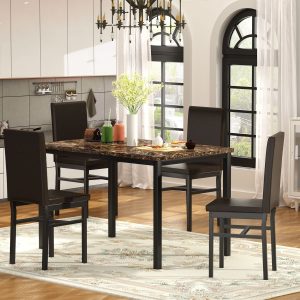 Dining Table Mats Set for 4, SEGMART Dinette Set Faux Marble Rectangular Breakfast Table with Metal Legs & Black Finish Frame, Dining Table & Chairs for Apartment Breakfast, Coffee, S12517