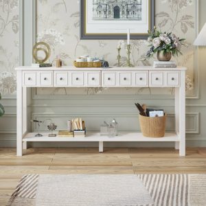 Tall Entryway Table with Bottom Shelf, SEGMART Entryway Sofa Table with 4 Drawers, Accent Buffet Sideboard Desk Table with Solid Wood Frame, 144lbs, Ivory White, SS1209