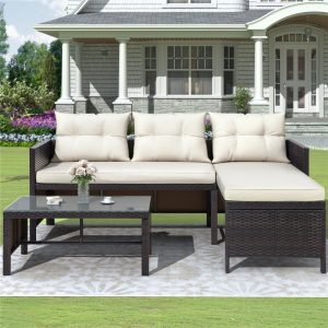SEGMART 3 Pieces Modern Wicker Furniture Set Tempered Glass Coffee Table, Outdoor Conversation Sets for Porch Poolside Backyard, S1527