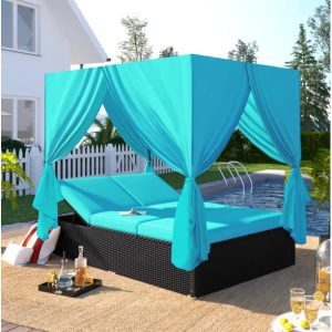 Patio Daybed, Outdoor Wicker Furniture Set with Four-Sided Canopy and Overhead Curtains, Outdoor Sofa Set w/Adjustable Seat for Patio Deck Poolside Garden Backyard
