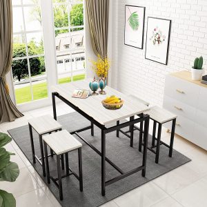 5 Piece Bar Table Set, Kitchen Counter Height Table with 4 Stools, Space Saving Pub Table Set for 4 Person with Metal Frame, Wood Dining Table & Chair Set for Breakfast Nook Pub Bistro