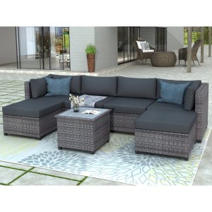 SEGMART Patio Furniture Sets, 7-Piece Wicker Patio Conversation Furniture Set with 6 Seats, Coffee Table, Outdoor Sectional Sofa for Backyard Porch Lawn Pool, Gray