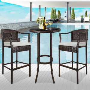 3 PCS Outdoor Patio Furniture Set, All-Weather Patio Dining Sets, PE Rattan Bar Height Table & Stool, Outdoor Bar Set with Cushion, High Bistro Set Dining Table Set, for Pool Patio Yard Balcony, K3937