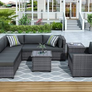 All-Weather Outdoor Patio Furniture Sofa Set, 8 Piece Outdoor Sectional Wicker Sofa PE Rattan Conversation Sets with 5 PE Wicker Sofas, Ottoman, 2 Coffee Table for Backyard, Porch, Garden, Gray