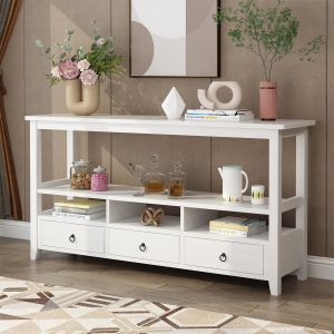 57.9" 3-Tier Vintage Console Table with 3 Drawers, Buffet Sideboard Hallway Foyer Table with Storage Shelves, Narrow Long Sofa Entryway Table for Living Room, Kitchen Counter, White