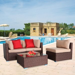 Patio Furniture Set Clearance, 4 Piece Patio Furniture Sets with Armless Sofa, Coffee Table, 2 Corner Sofas, 2 Pillows, All-Weather Patio Sectional Sofa Set with Cushions for Backyard Garden Pool, L