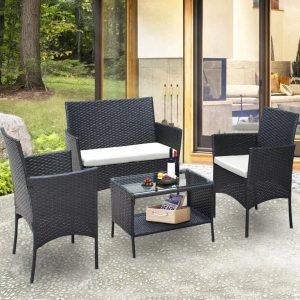 4 Pieces Outdoor Wicker Conversation Set, All-Weather Rattan Patio Furniture Sets with Arm Chairs, Tempered Glass Table and Cushions, Sectional Sofa Set for Backyard, Garden, Poolside, K3018