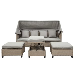 Outdoor Wicker Daybed, 4 Piece Patio Wicker Sectional Sofa Set with Canopy, Lifting Table, UV-Proof PE Rattan Patio Conversation Furniture Sets with Cushions for Backyard, Porch, Garden, Pool, LLL184