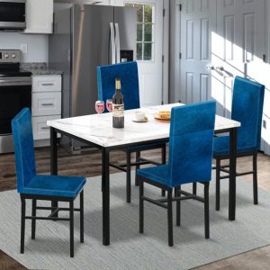 5Pcs Dining Set, Kitchen Table with 4 Piece Chairs, Dinette Set Faux Marble Rectangular Breakfast Table with Metal Legs & Black Finish Frame, for an Apartment Breakfast, Blue, SS1305