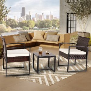 SEGMART 3pcs Patio Furniture Sets with Cushions, All-Weather Outdoor Conversation Rattan Sofa Set for Two-Person, Bistro Patio Table Chairs Set for Garden Backyard Balcony Poolside