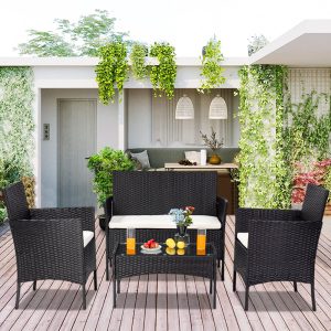 4 Piece Outdoor Patio Furniture Set, with Loveseat, Coffee Table and 2 Armchairs, All-Weather Rectangle Patio Sofa Wicker Set with Cushions for Backyard, Porch, Garden, Pool, L