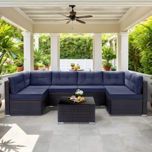 Patio Outdoor Furniture Sets, 7 Pieces All-Weather Rattan Sectional Sofa with Tea Table, Cushions & Pillow, PE Rattan Wicker Sofa Couch Conversation Set for Garden Backyard Poolside, B04