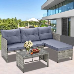 4 Piece Patio Furniture Set, All-Weather Outdoor Sectional Sofa Set, PE Rattan Conversation Set with Storage Box, Table & Cushions, Wicker Furniture Couch Set for Patio Deck Garden Poolside Yard, B862