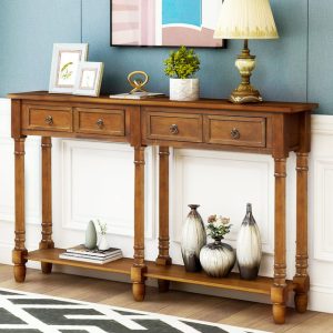 Tall Console Table with 2 Big Storage Drawers, 58'' Wood Buffet Sideboard Desk with Bottom Shelf, Retro Tall Console Table Entryway Table Accent Table for Entryway, 100lbs, Antique Walnut, S6413