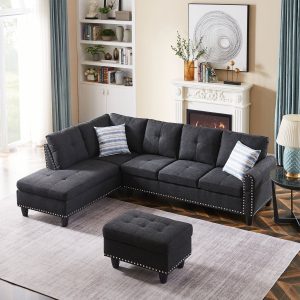 Sectional Sofa and Chaise Lounge Sets, 3-piece Sofa Beds Furniture with Storage Ottoman, 97.5'' Modern Tufted Soft Sofa and Couch with 2 Pillows and Wood Frame, 1500lbs, S1724