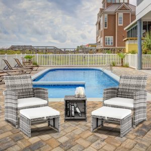 Outdoor Conversation Sets, 5 Piece Patio Furniture Sets with 2 Chairs, 2 Footstools, 1 Coffee Table, Outdoor Patio Sectional Sofa Set with Cushions for Backyard, Porch, Garden, L3570