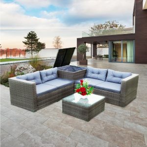 Segmart 4-Piece Patio Wicker Conversation Furniture Set with Seat Cushions & Tempered Glass Dining Table, Wicker Sofa Sets for Porch Poolside Backyard Garden, S9138